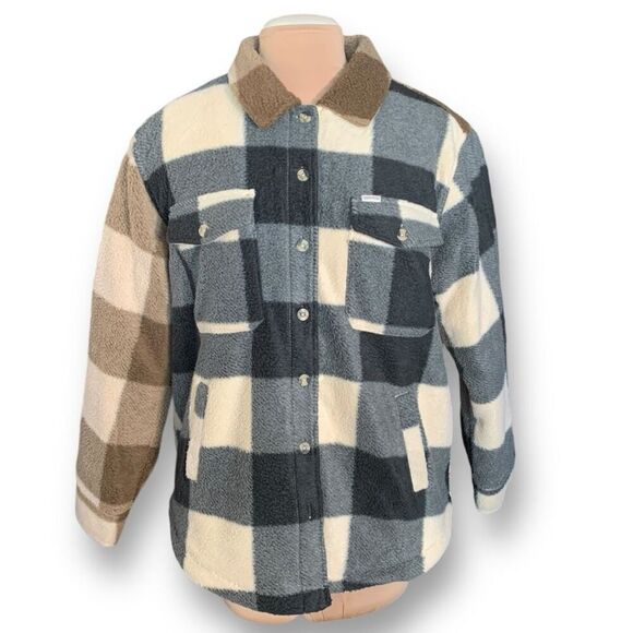 Brixton Biscotti Durham Mixed Check Printed Polar Fleece Shacket Plaid Oversized - Picture 1 of 12